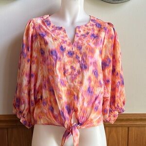 Rose & Olive Tie-Front Blouse in Orange and Purple Watercolor Sz M